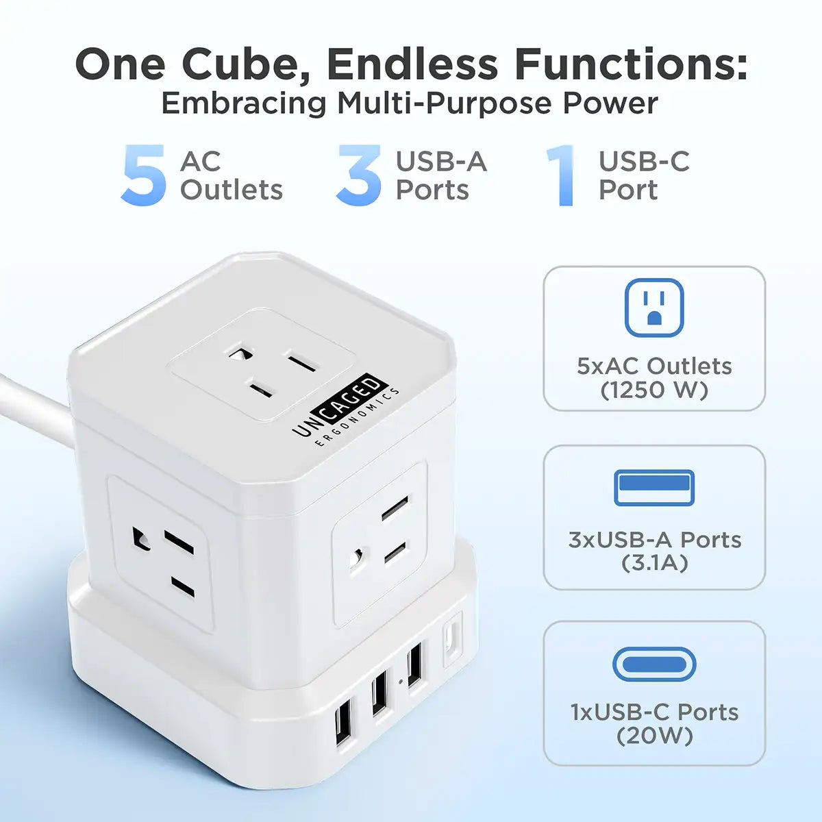 All your devices, one cube — 5 AC, 3 USB-A, 1 USB-C ports for all needs.