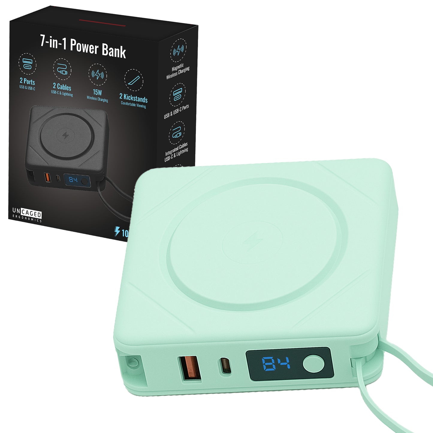 7-in-1 Power Bank | 10,000 mAh ETL Certified, Wireless & Built-In Cables