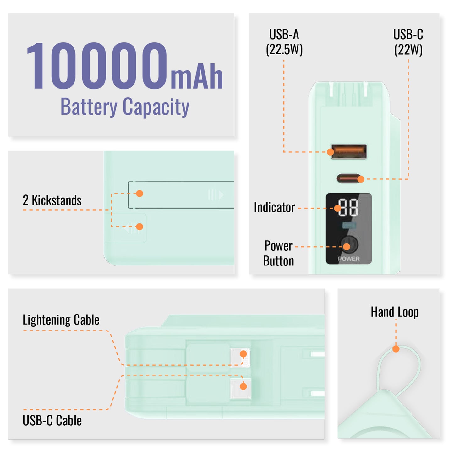 7-in-1 Power Bank | 10,000 mAh ETL Certified, Wireless & Built-In Cables