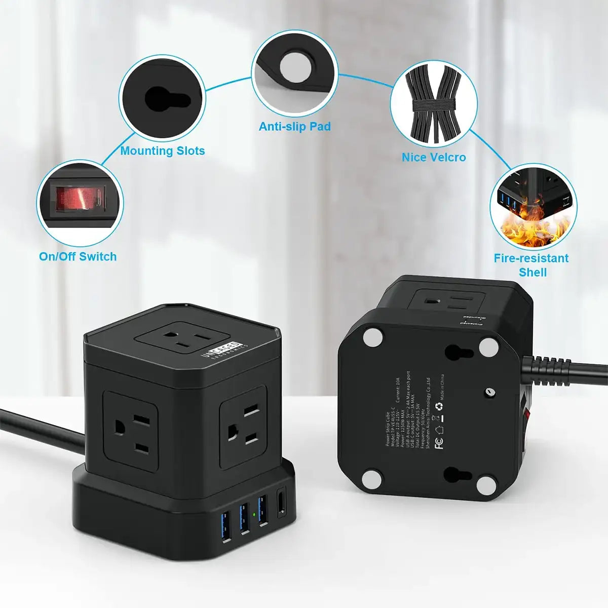 Versatile power cube — 9 ports + surge protection + on/off switch.