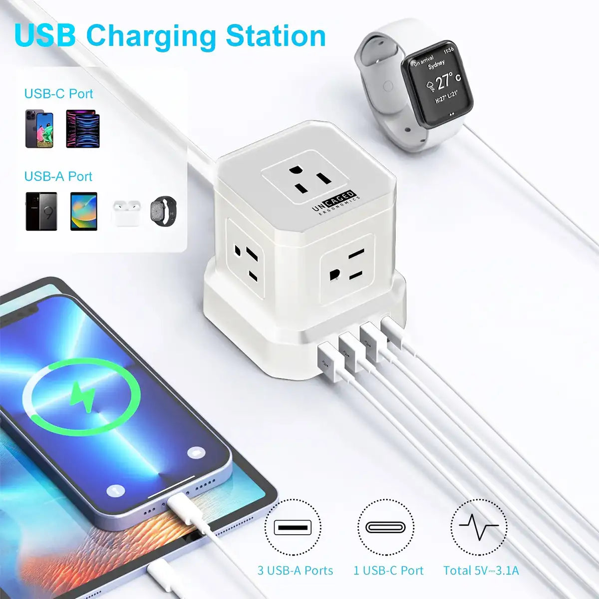 Tiny but mighty — Compact cube with 5 AC, 3 USB-A, and 1 USB-C ports.
