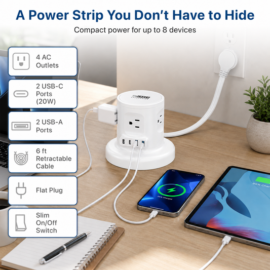 Retractable Power Strip with USB-C and 6ft Retractable Cord