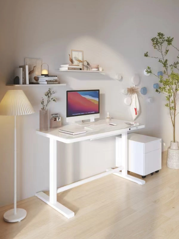 A clean slate for productivity—white glass top with ample space and hidden storage.