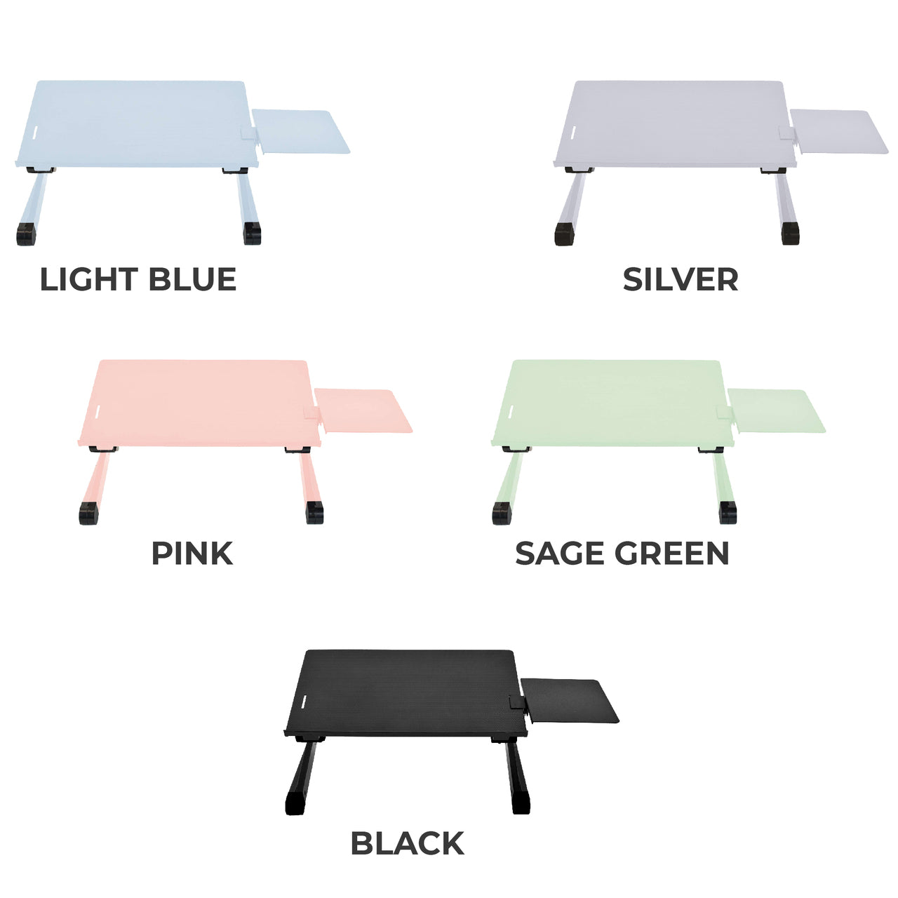 colorful laptop lap desks the aluminum ergonomic design is adjustable in height and tilt showing five color variations
