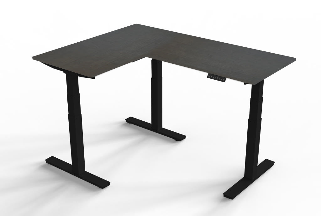 Black L shaped standing desk corner sit stand desk with memory keypad.
