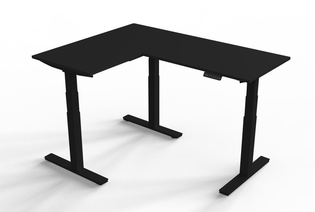 Black L shaped standing desk corner sit stand desk with memory keypad.