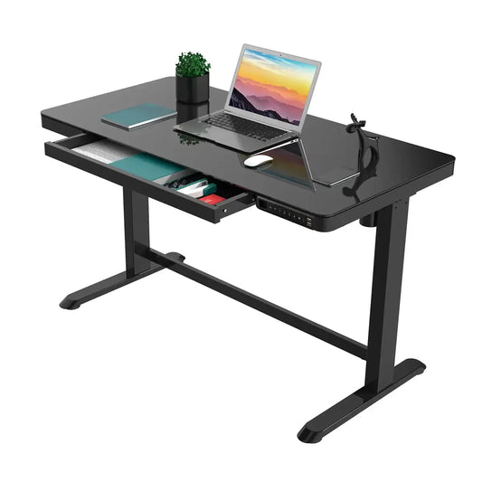 Elevate your workspace with a modern glass-top standing desk designed for productivity.