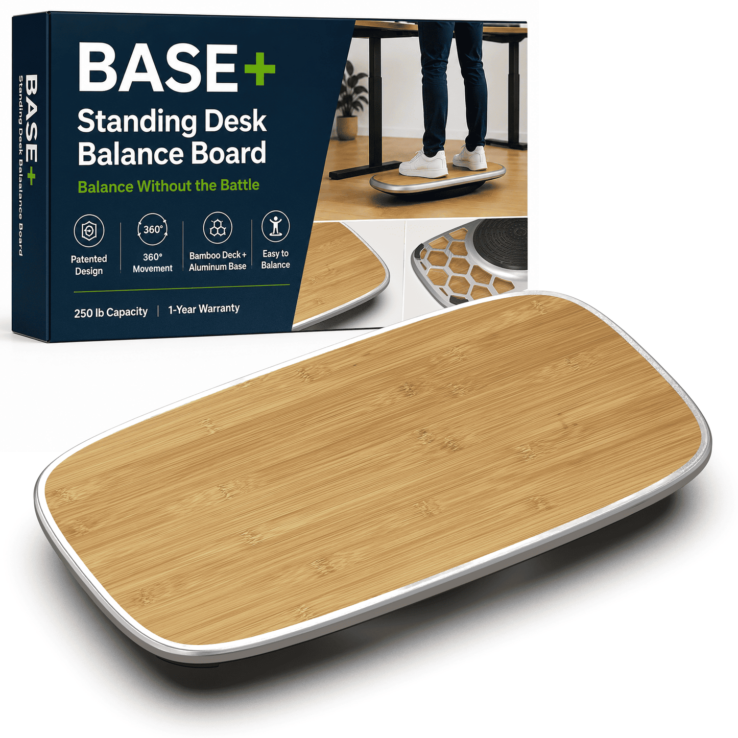 BASE+ Standing Desk Balance Board with Bamboo Deck