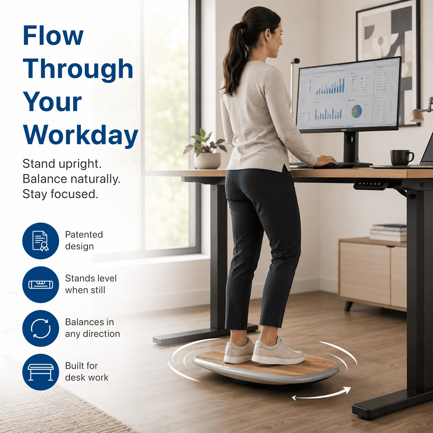 BASE+ Standing Desk Balance Board with Bamboo Deck