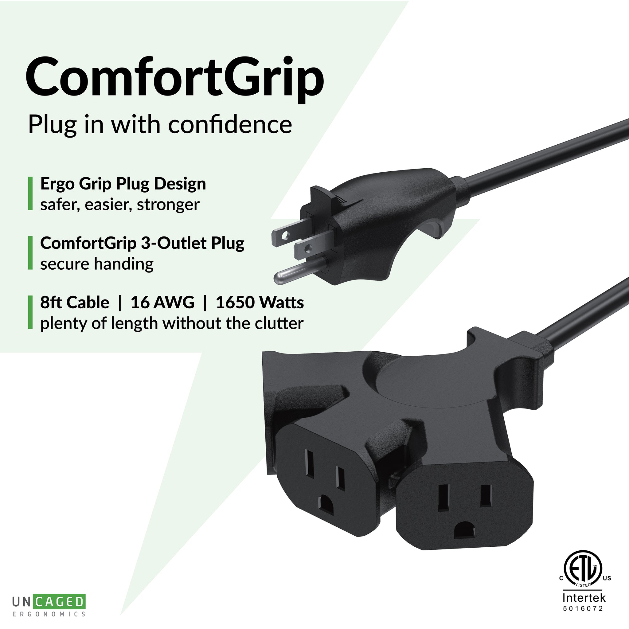 Comfort Grip 3-Outlet Extension Cord | ErgoGrip Plug & ETL Certified ...
