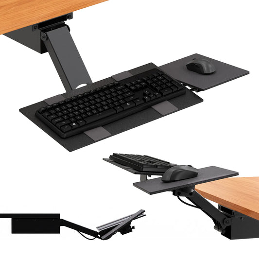 Ergonomic keyboard tray with easy tilt and height adjustment, complete with mouse pad.