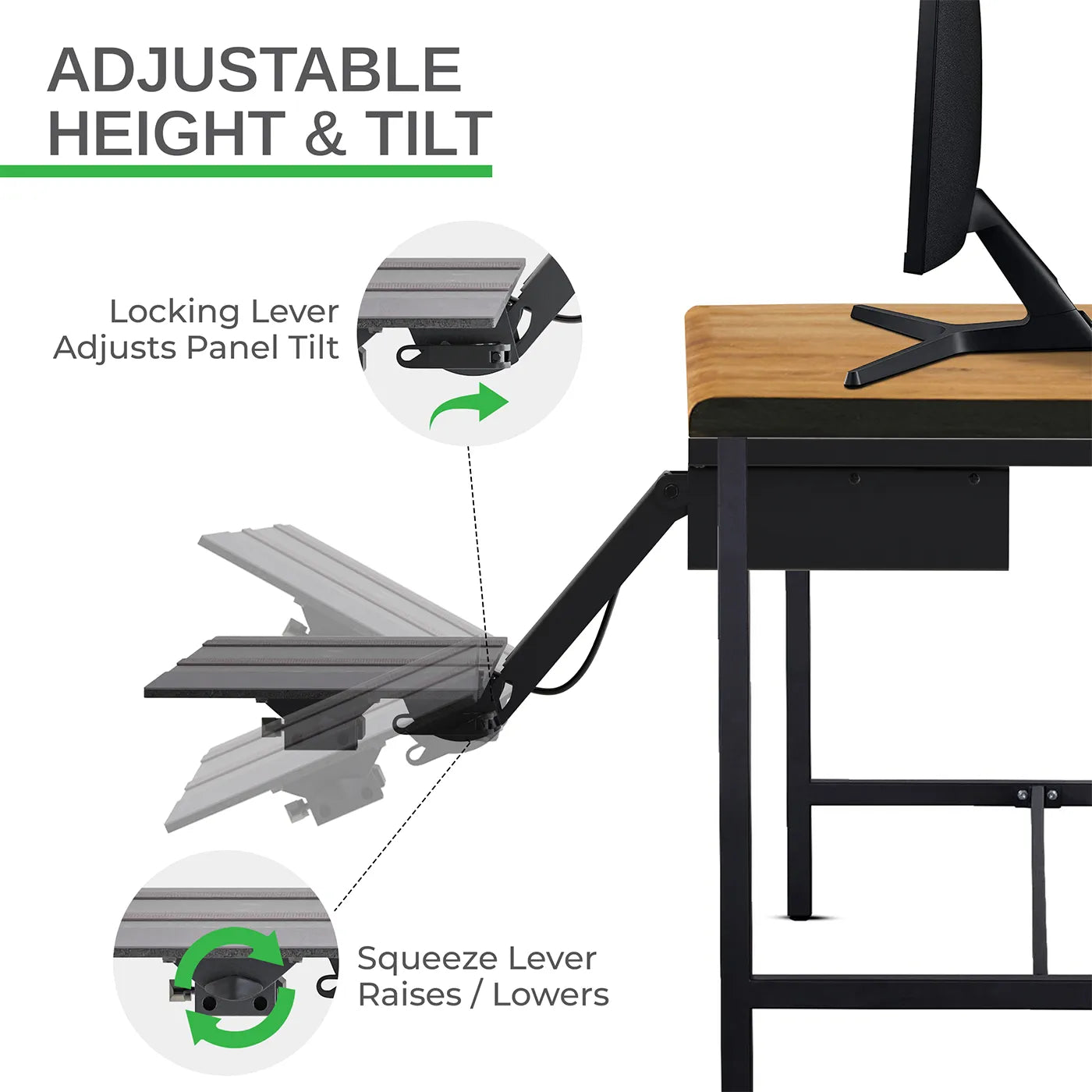 Type with ease in any position — adjustable height, tilt, and mouse pad for sitting or standing comfort.