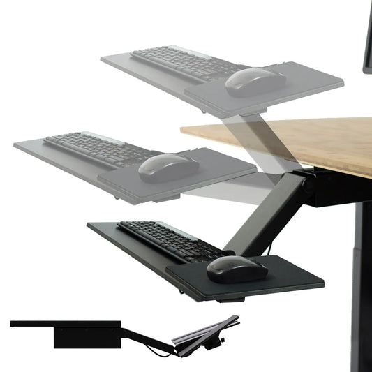 Adjustable under-desk keyboard tray for ergonomic typing.