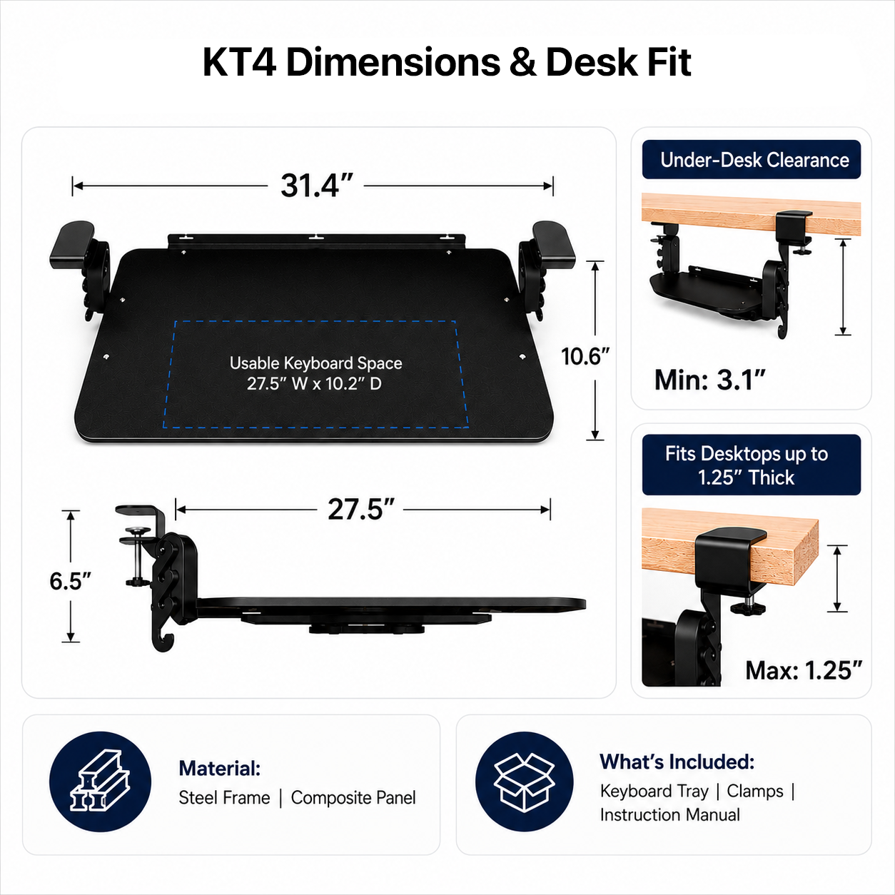 KT4 Clamp On Keyboard Tray Under Desk