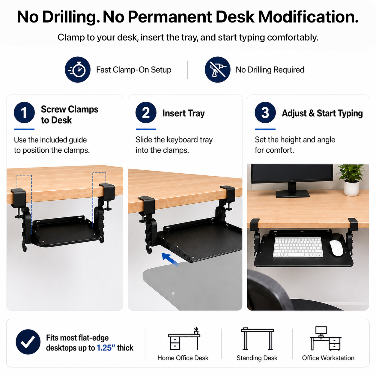 KT4 Clamp On Keyboard Tray Under Desk