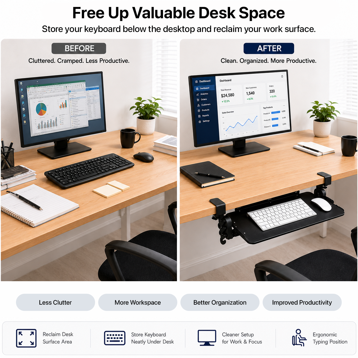 KT4 Clamp On Keyboard Tray Under Desk