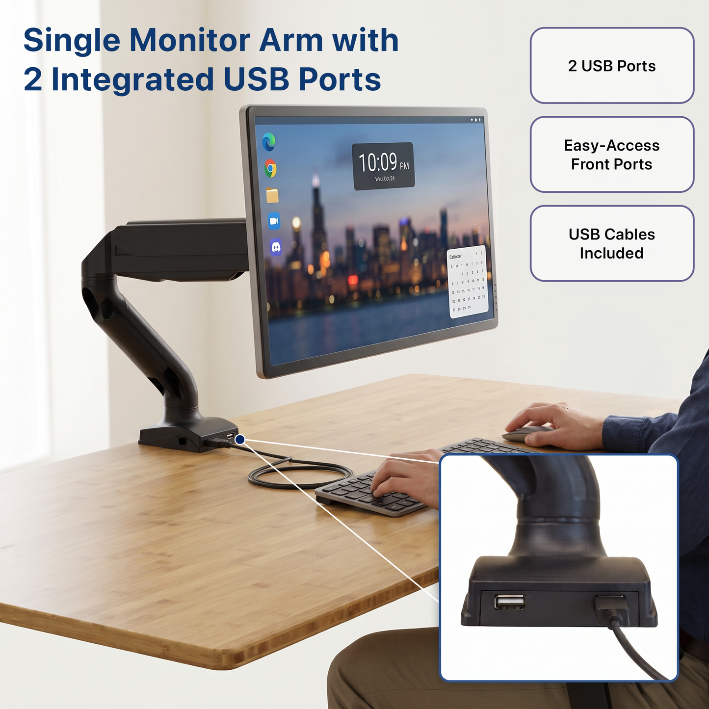 Single Monitor Arm with 2 USB Ports