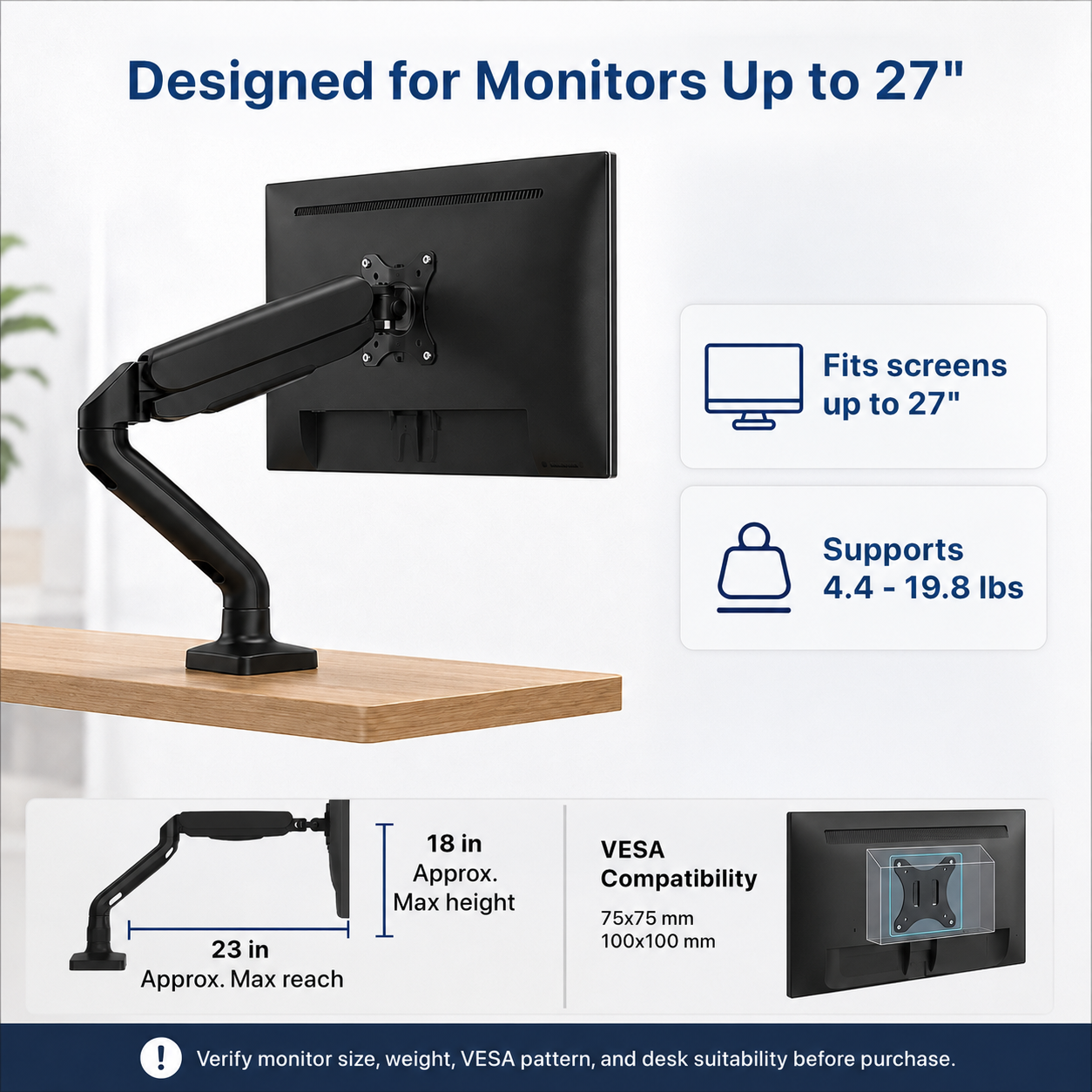 Single Monitor Arm - No USB Ports
