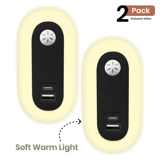 Automatic Dusk-to-Dawn Night Light with USB-A + USB-C - 2-Pack