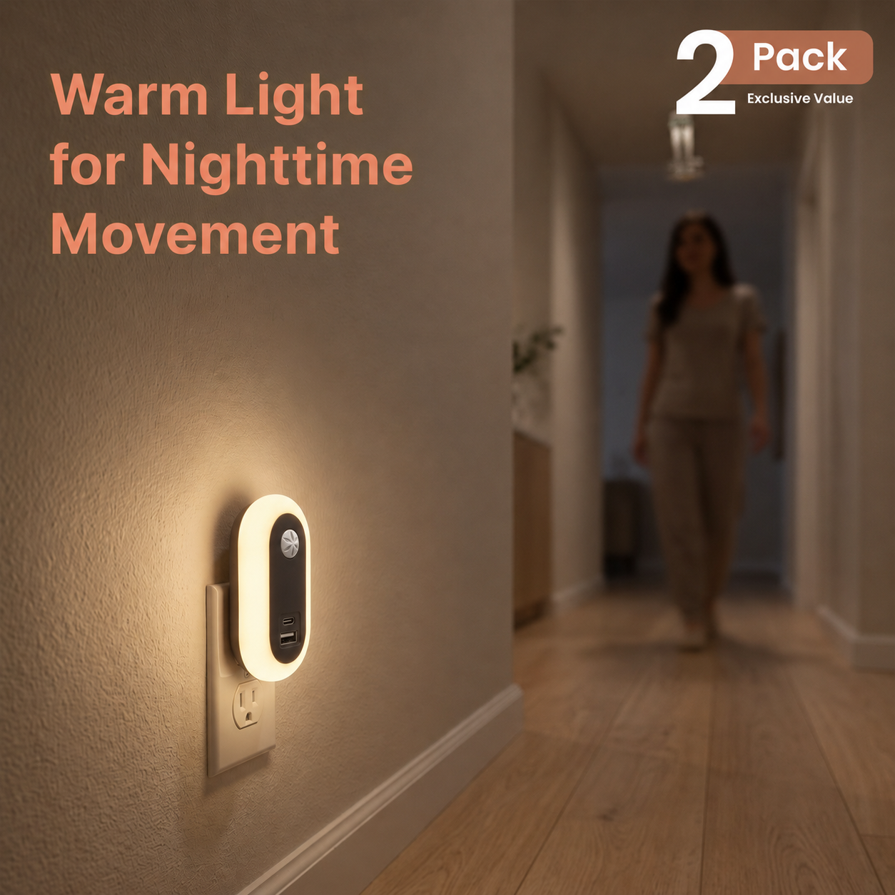 Automatic Dusk-to-Dawn Night Light with USB-A + USB-C - 2-Pack