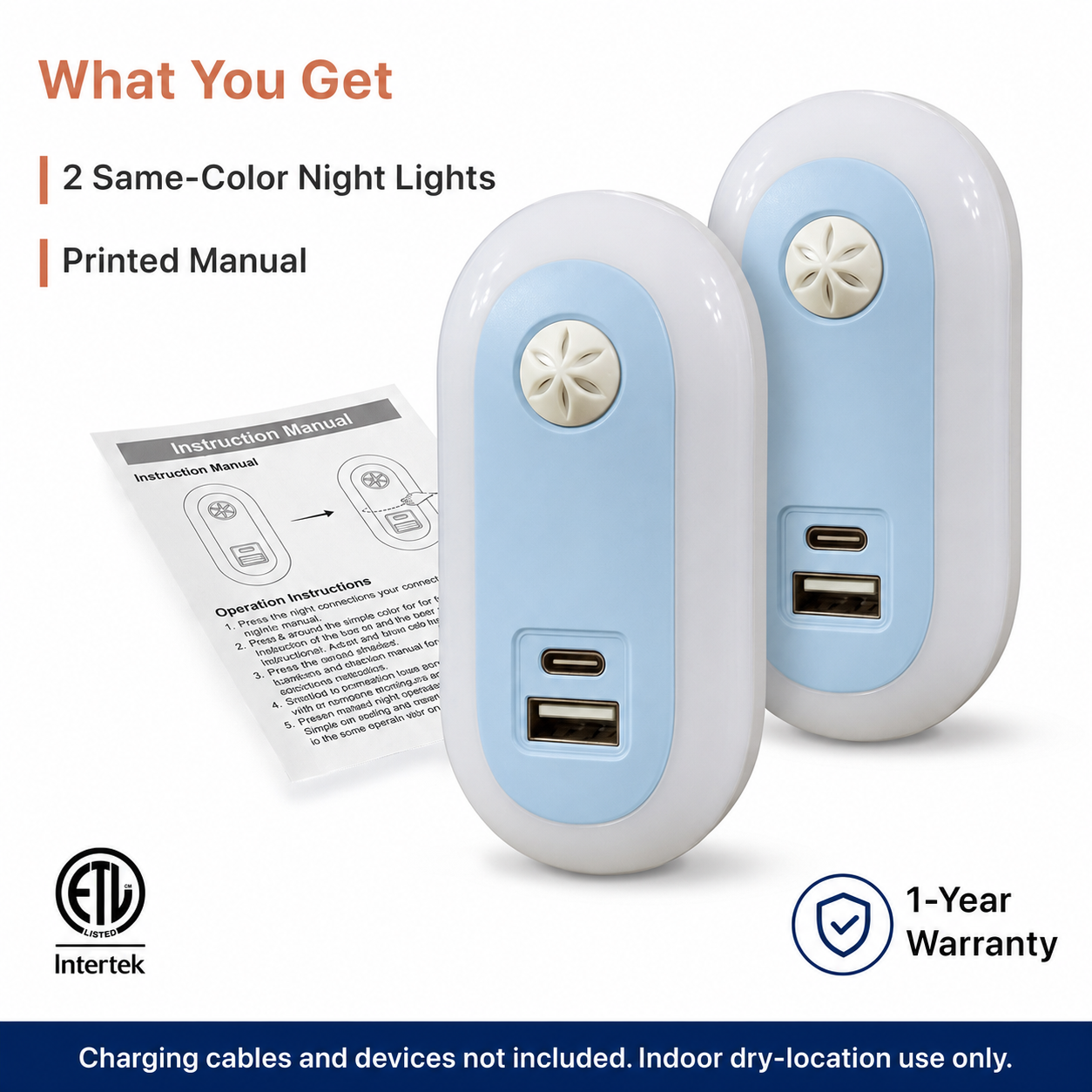 Automatic Dusk-to-Dawn Night Light with USB-A + USB-C - 2-Pack