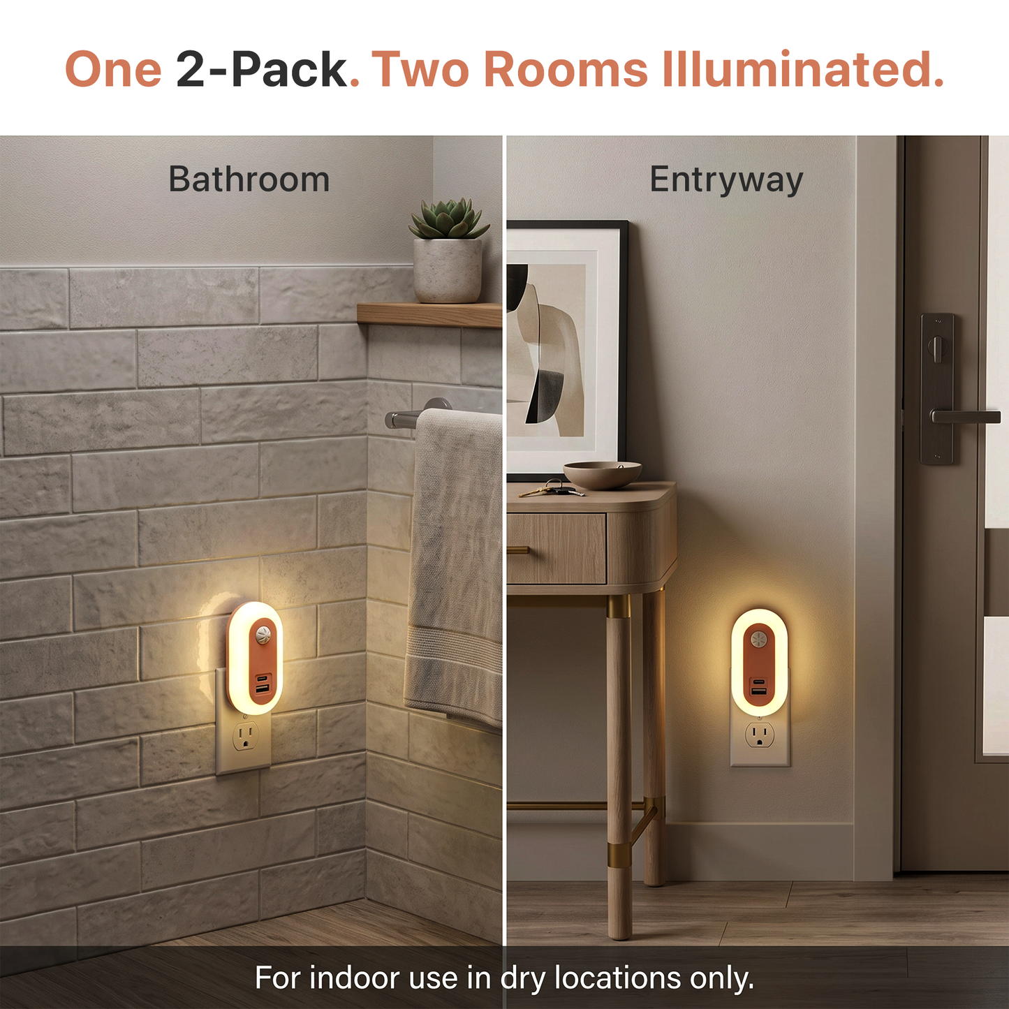 Automatic Dusk-to-Dawn Night Light with USB-A + USB-C - 2-Pack