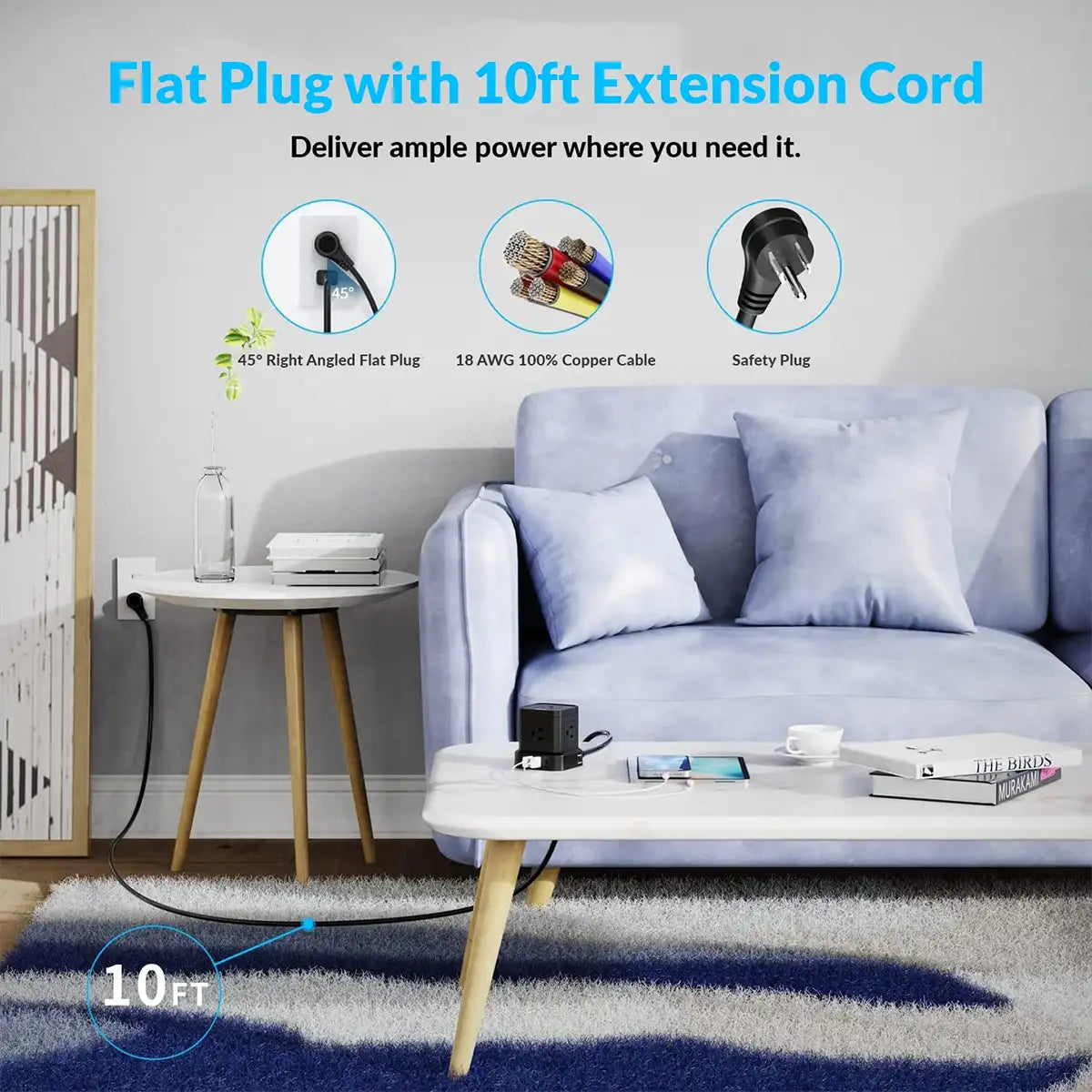 Extended reach, effortless power — 10ft cable with surge protection.