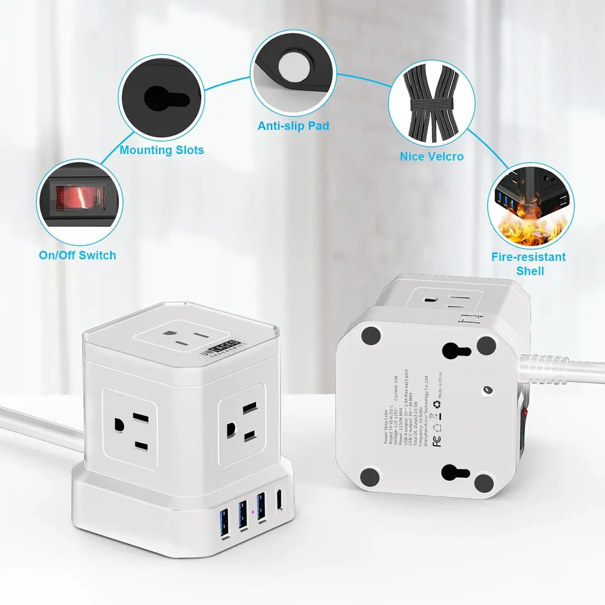 Versatile power cube — 9 ports + surge protection + on/off switch.