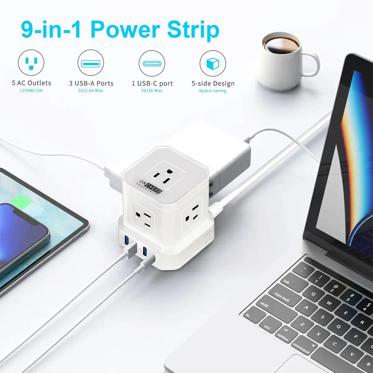 Maximum power, minimal space — 9 charging ports in a sleek, space-saving cube.