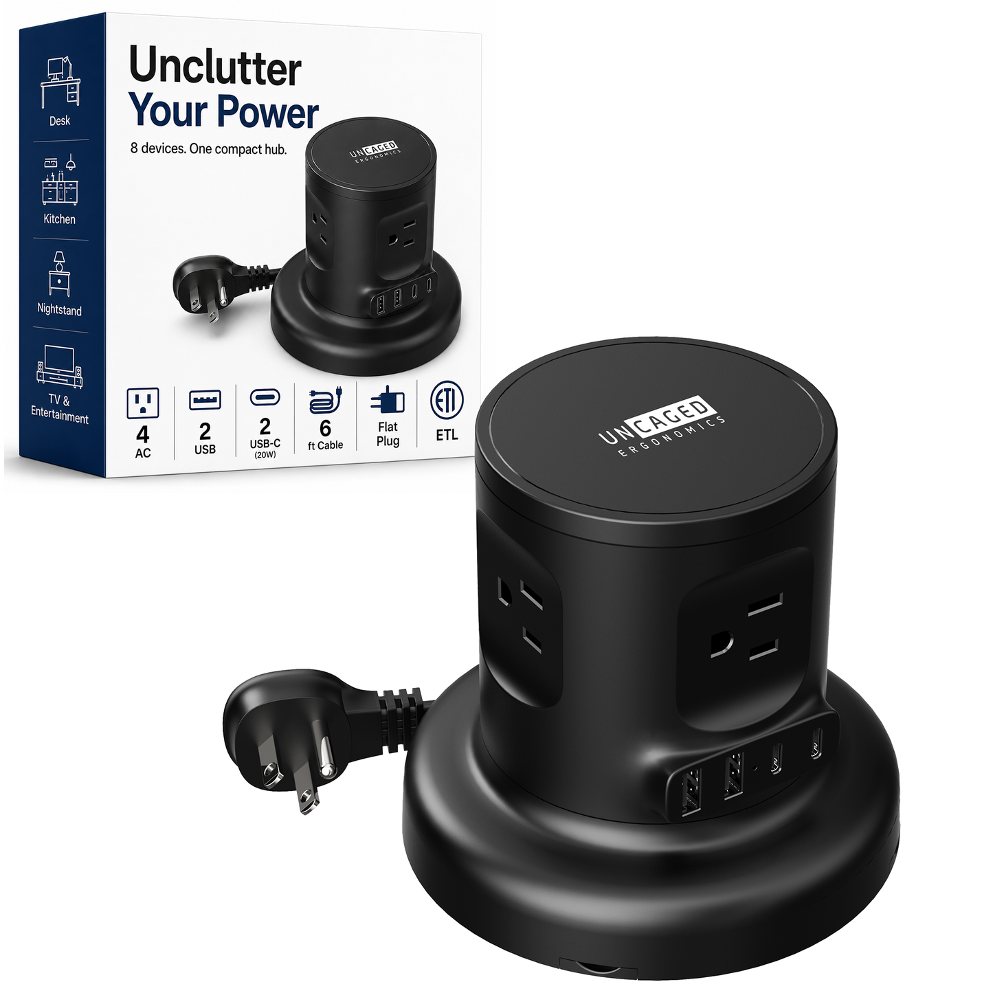 Retractable Power Strip with USB-C and 6ft Retractable Cord