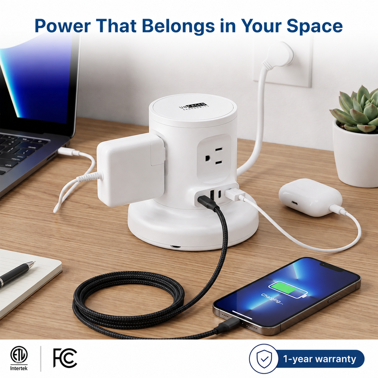 Retractable Power Strip with USB-C and 6ft Retractable Cord