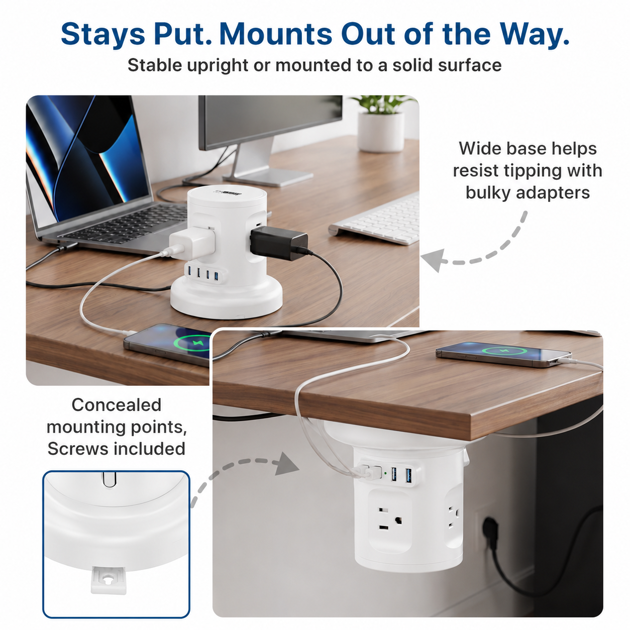 Retractable Power Strip with USB-C and 6ft Retractable Cord