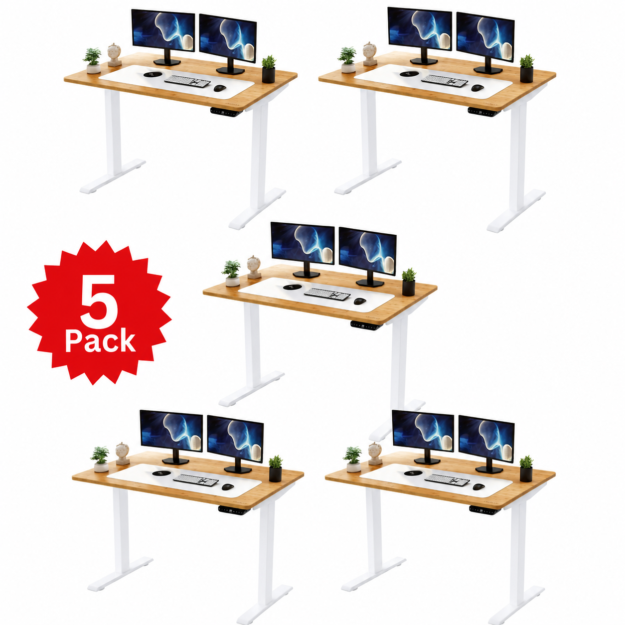 5-Pack Rise Up 60x30 Bamboo Electric Standing Desks - Scratch & Dent