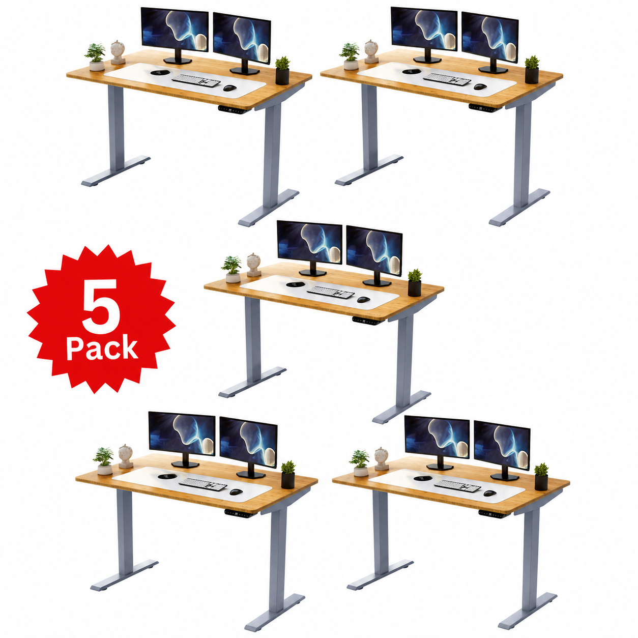5-Pack Rise Up 60x30 Bamboo Electric Standing Desks - Scratch & Dent