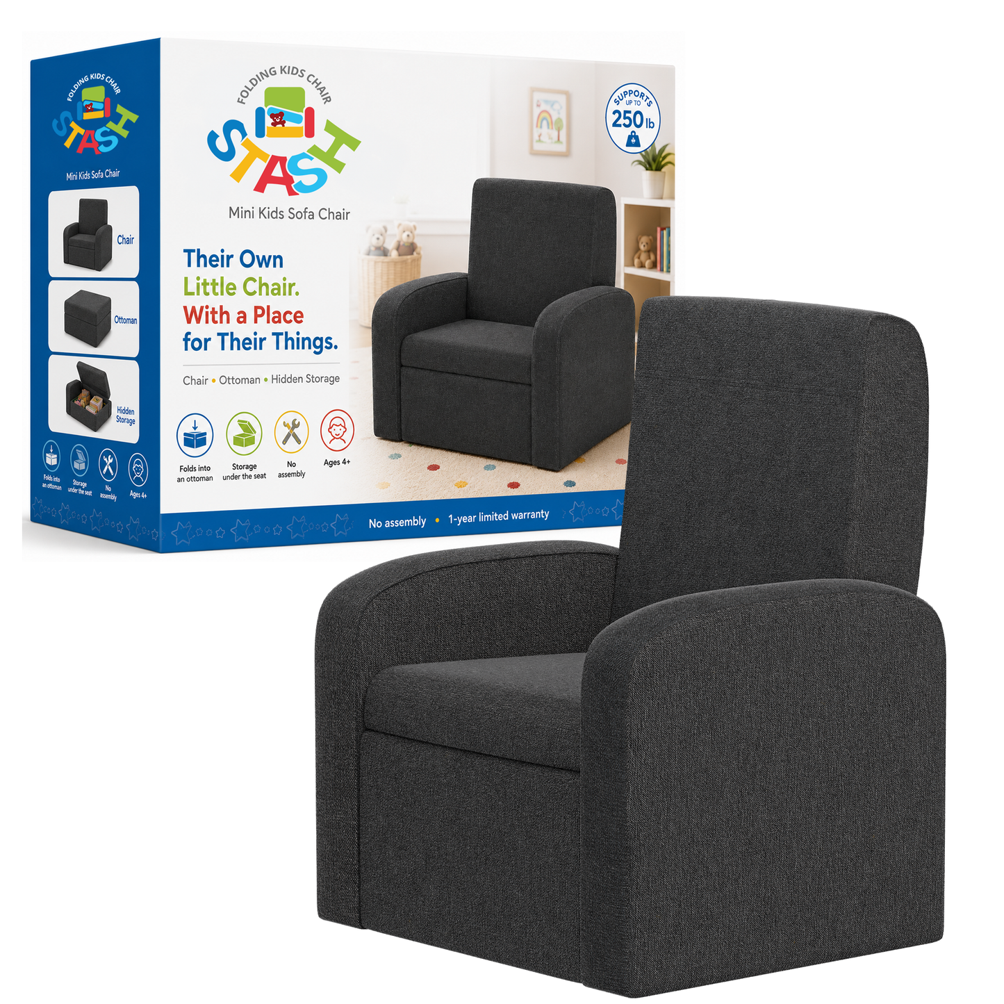STASH 3-in-1 Kids Sofa Chair with Hidden Storage