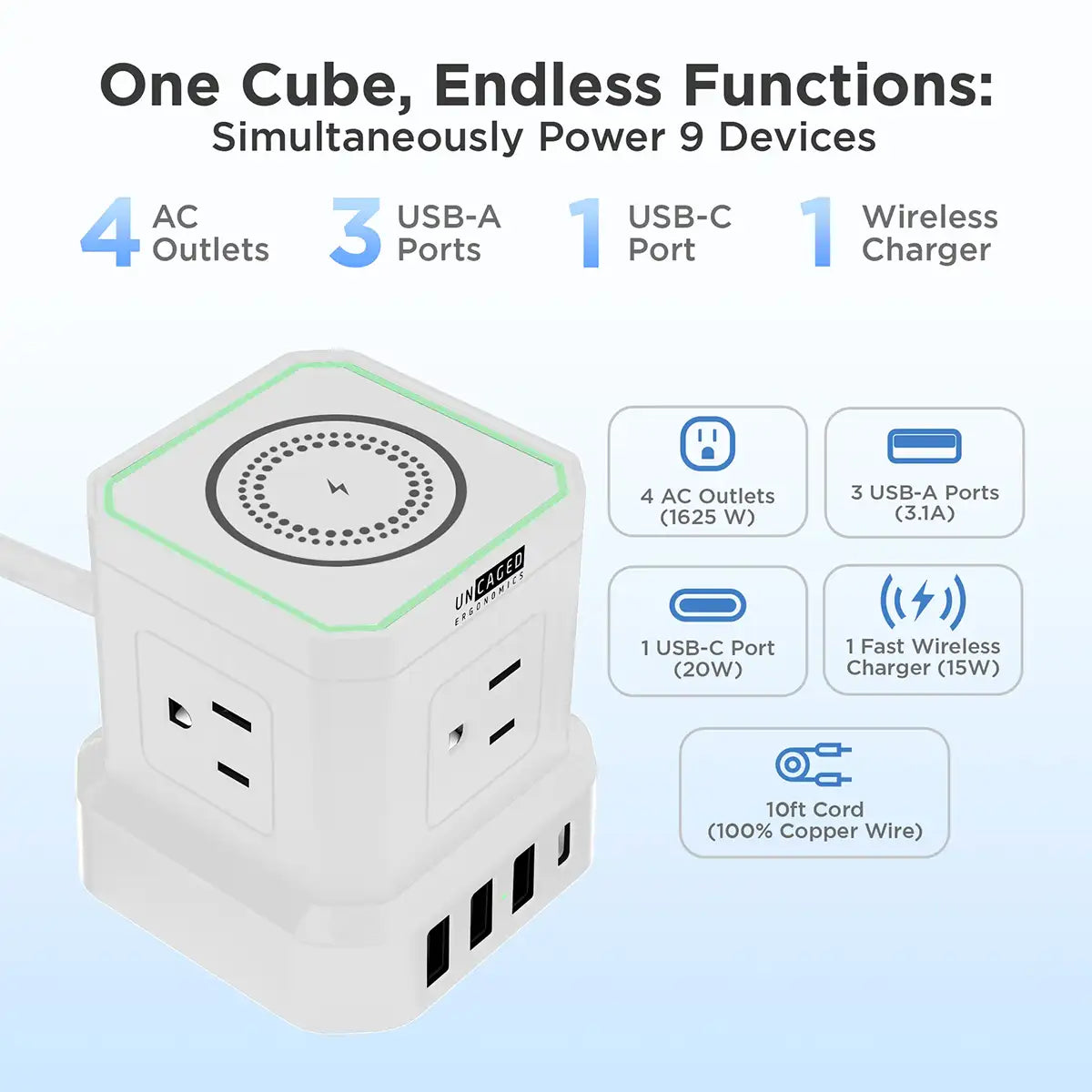 Charge 9 Devices at Once – AC, USB & Wireless Charging.