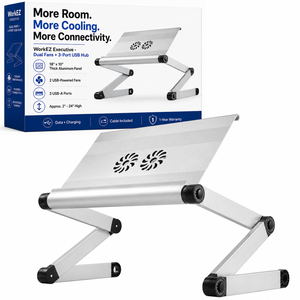 WorkEZ Executive - Wide Laptop Stand with Dual Fans & 3-Port USB Hub