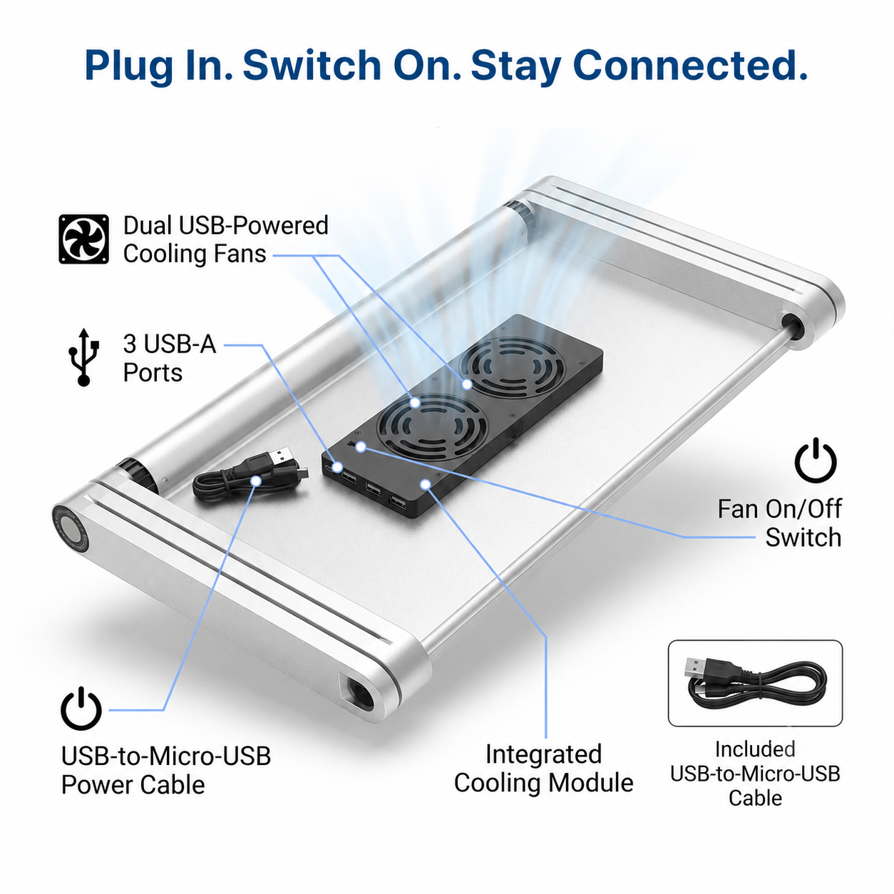 WorkEZ Executive - Wide Laptop Stand with Dual Fans & 3-Port USB Hub