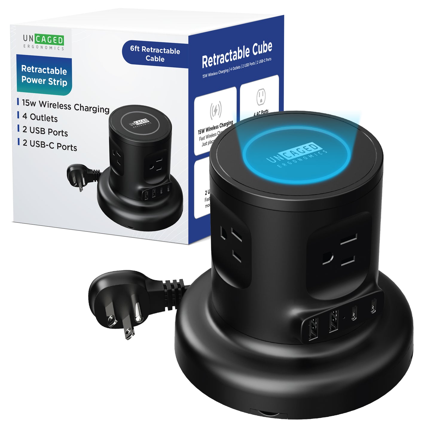 Wireless Retractable Power Strip | Auto Cord Management + Wireless Charger