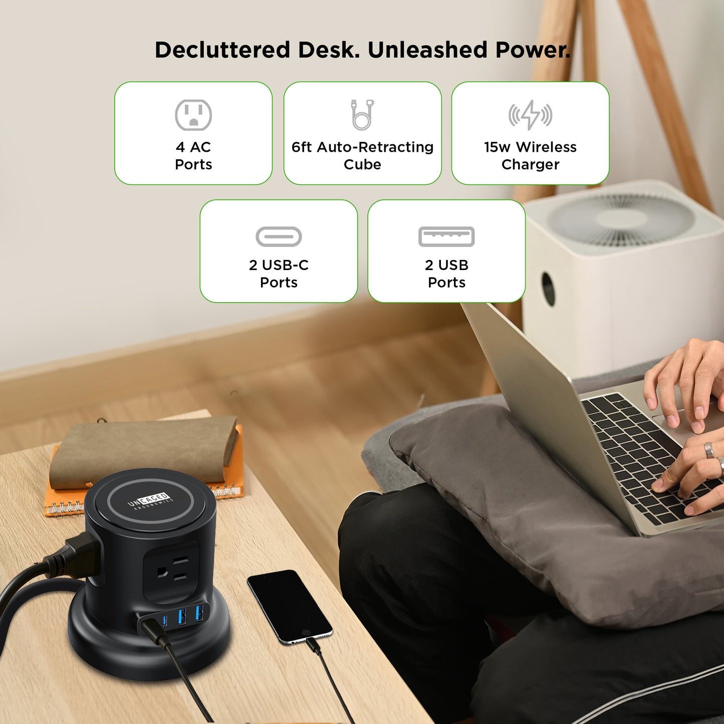Wireless Retractable Power Strip | Auto Cord Management + Wireless Charger