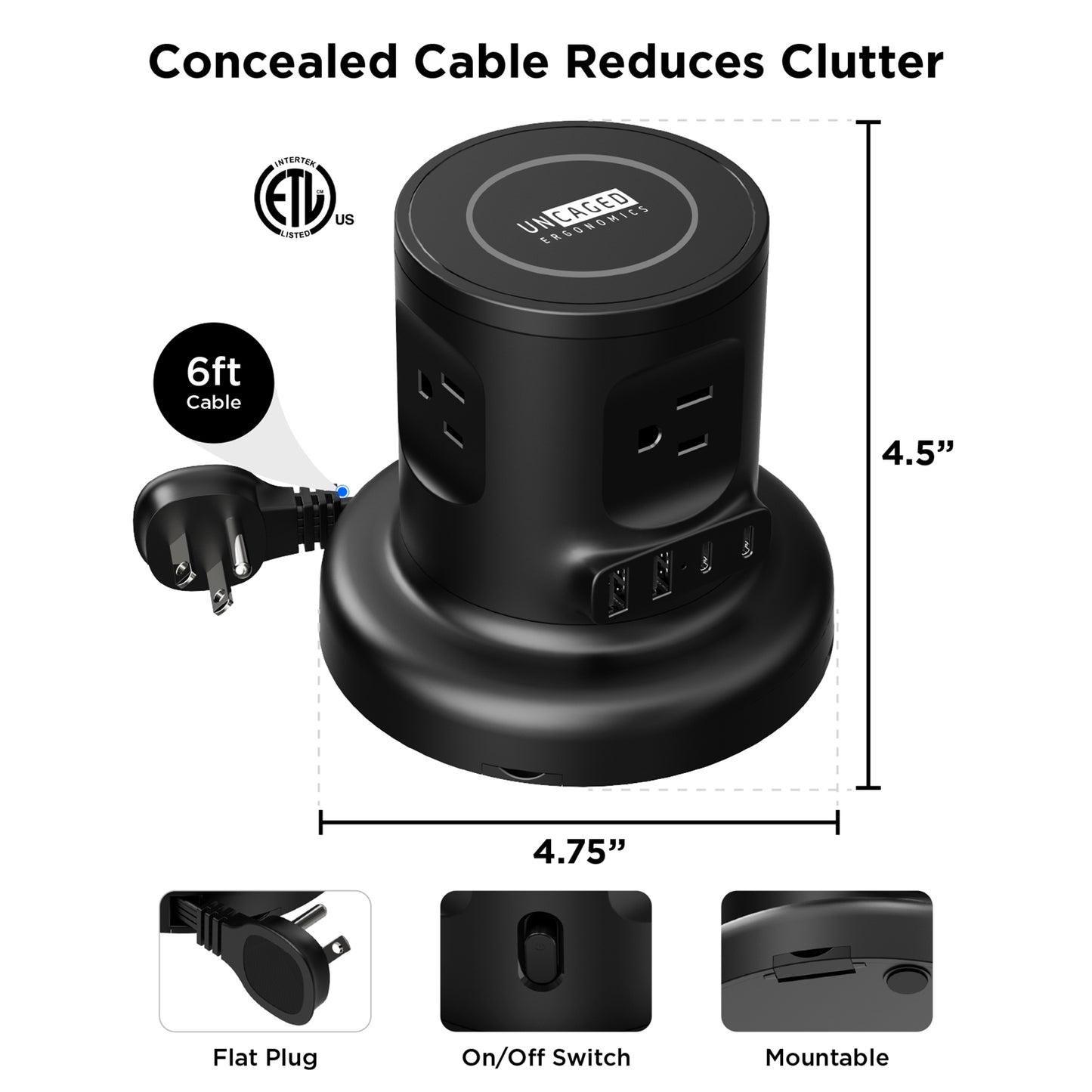 Wireless Retractable Power Strip | Auto Cord Management + Wireless Charger