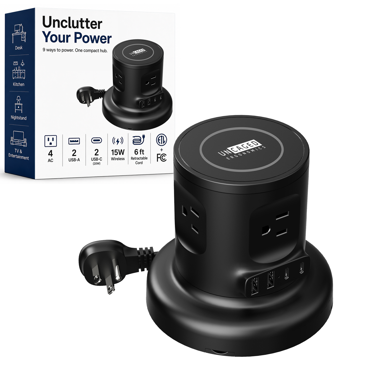 Wireless Retractable Power Strip with 15W Wireless Charger