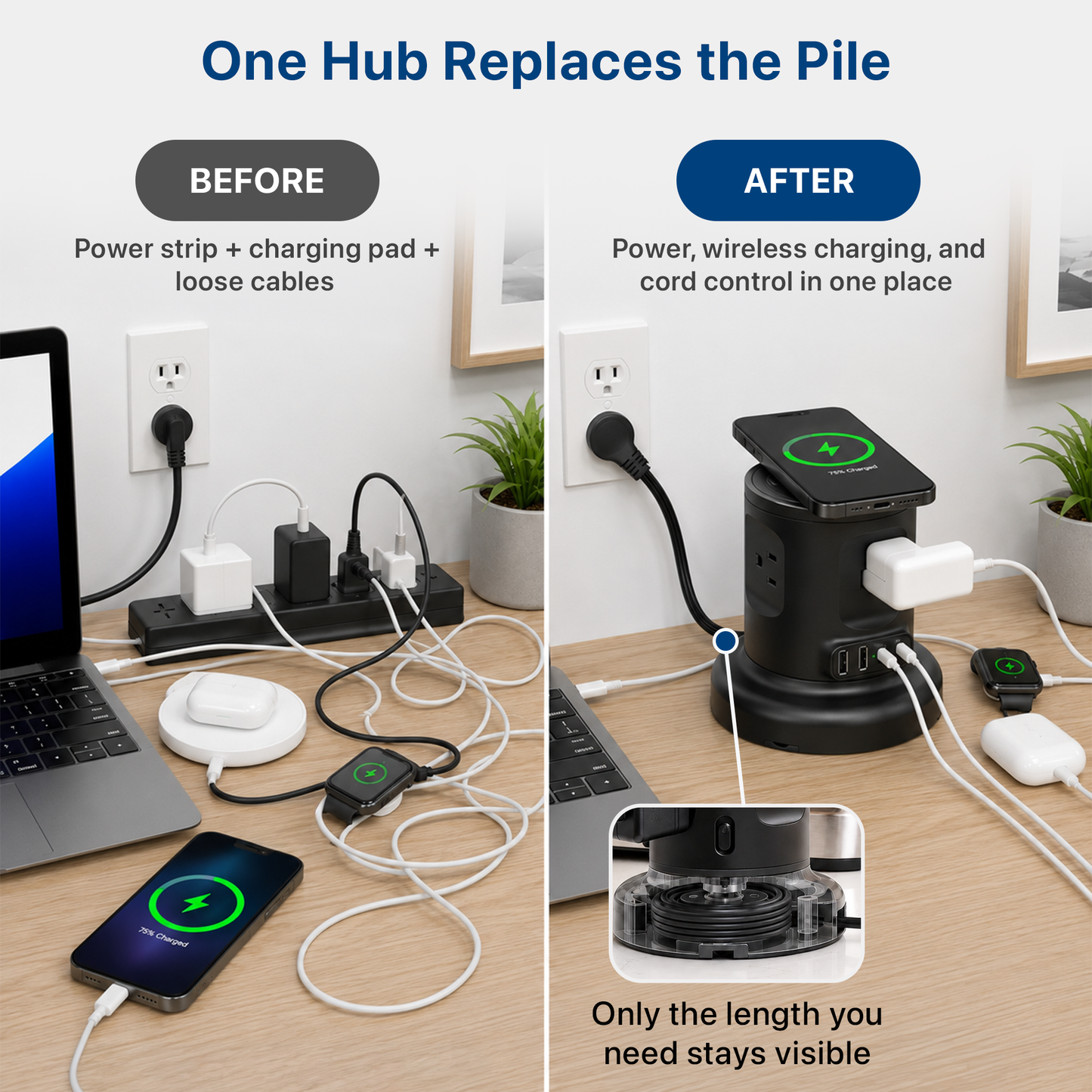 Wireless Retractable Power Strip with 15W Wireless Charger
