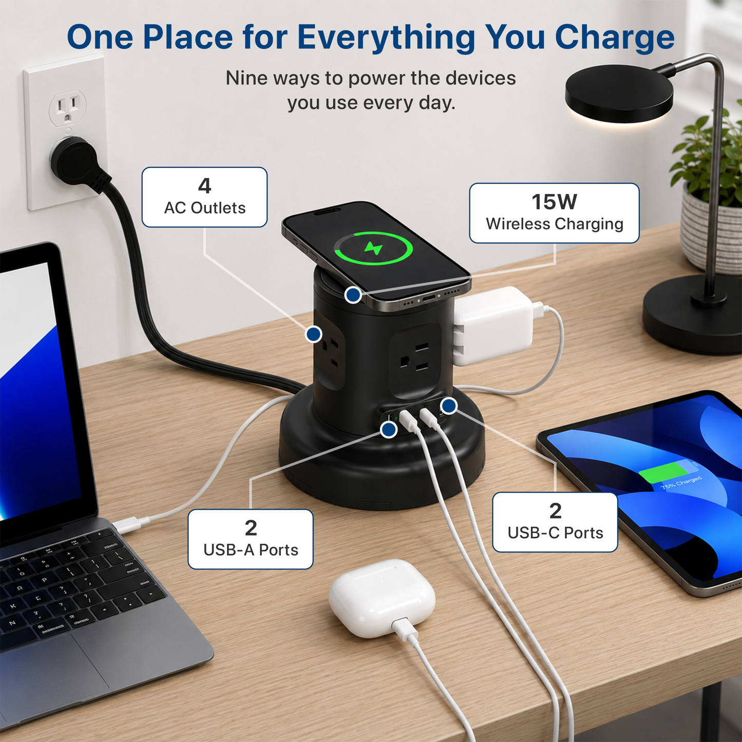 Wireless Retractable Power Strip with 15W Wireless Charger
