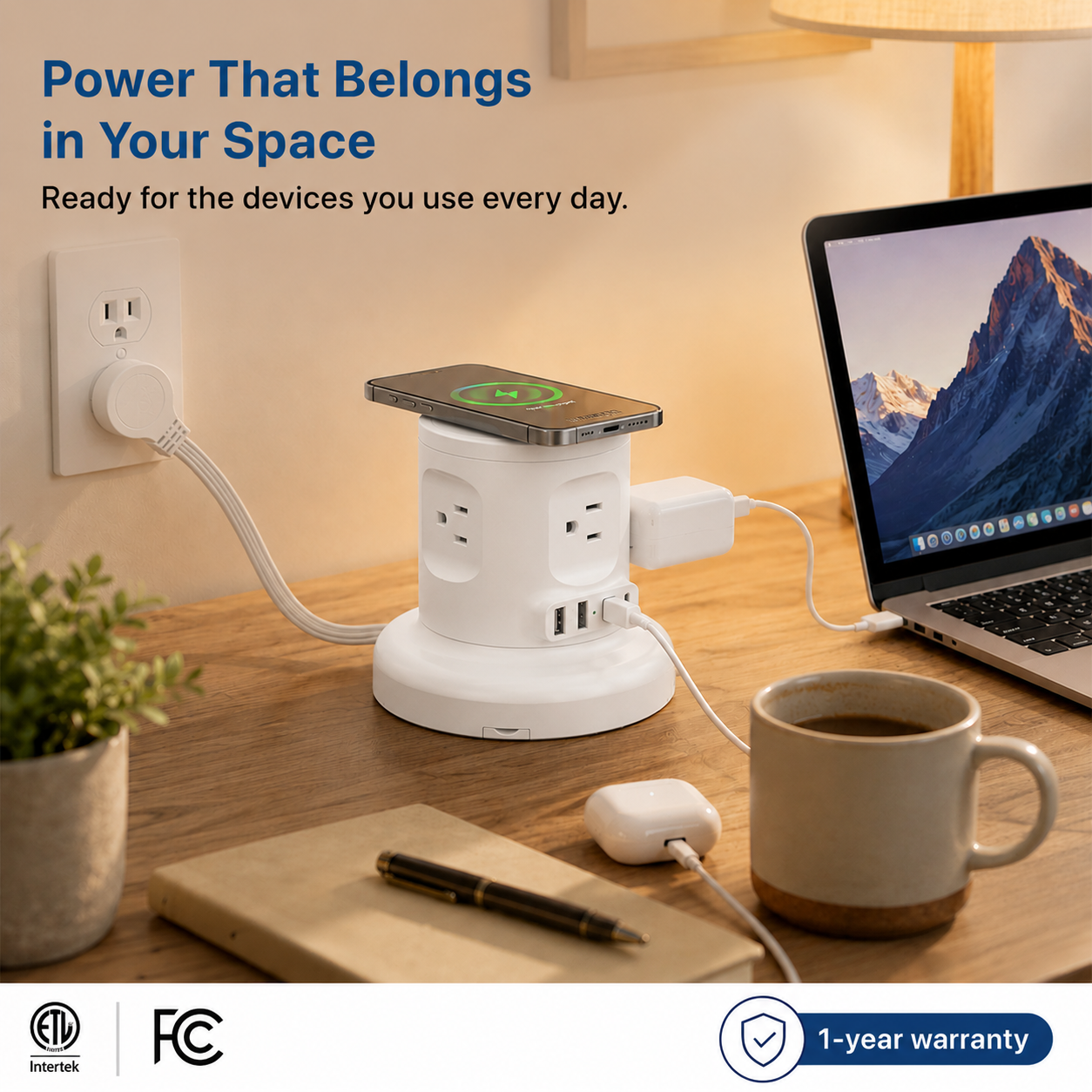Wireless Retractable Power Strip with 15W Wireless Charger