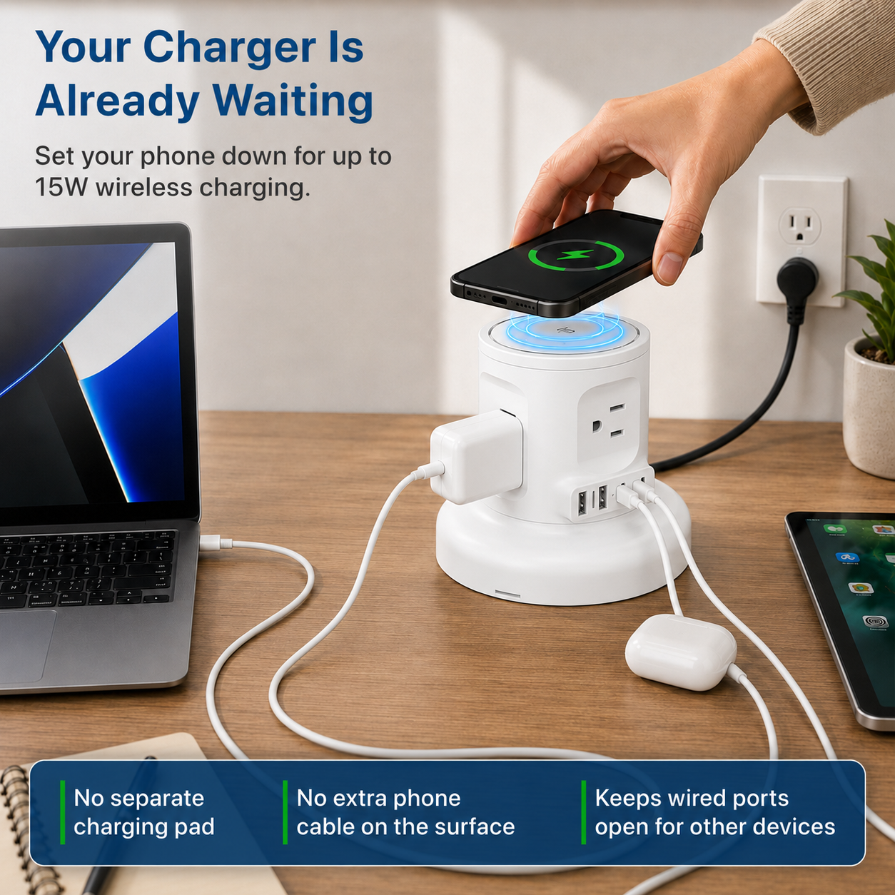Wireless Retractable Power Strip with 15W Wireless Charger