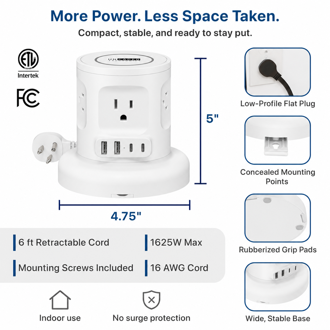 Wireless Retractable Power Strip with 15W Wireless Charger