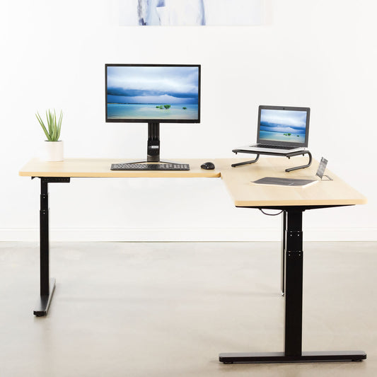 Corner Standing Desk Black Frame Bamboo Desktop L-shaped sit stand up desk