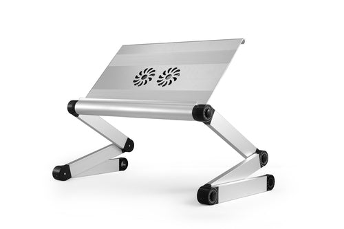 ergonomic adjustable silver laptop stand and lap desk with USB ports and two cooling fans