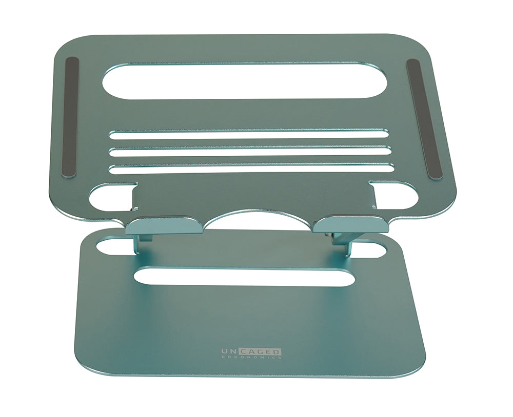 Blue aluminum laptop riser and laptop stand for desk
